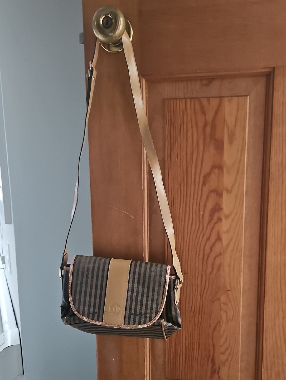 Vintage Fendi Striped Crossbody Shoulder Bag in Brown and Tan
